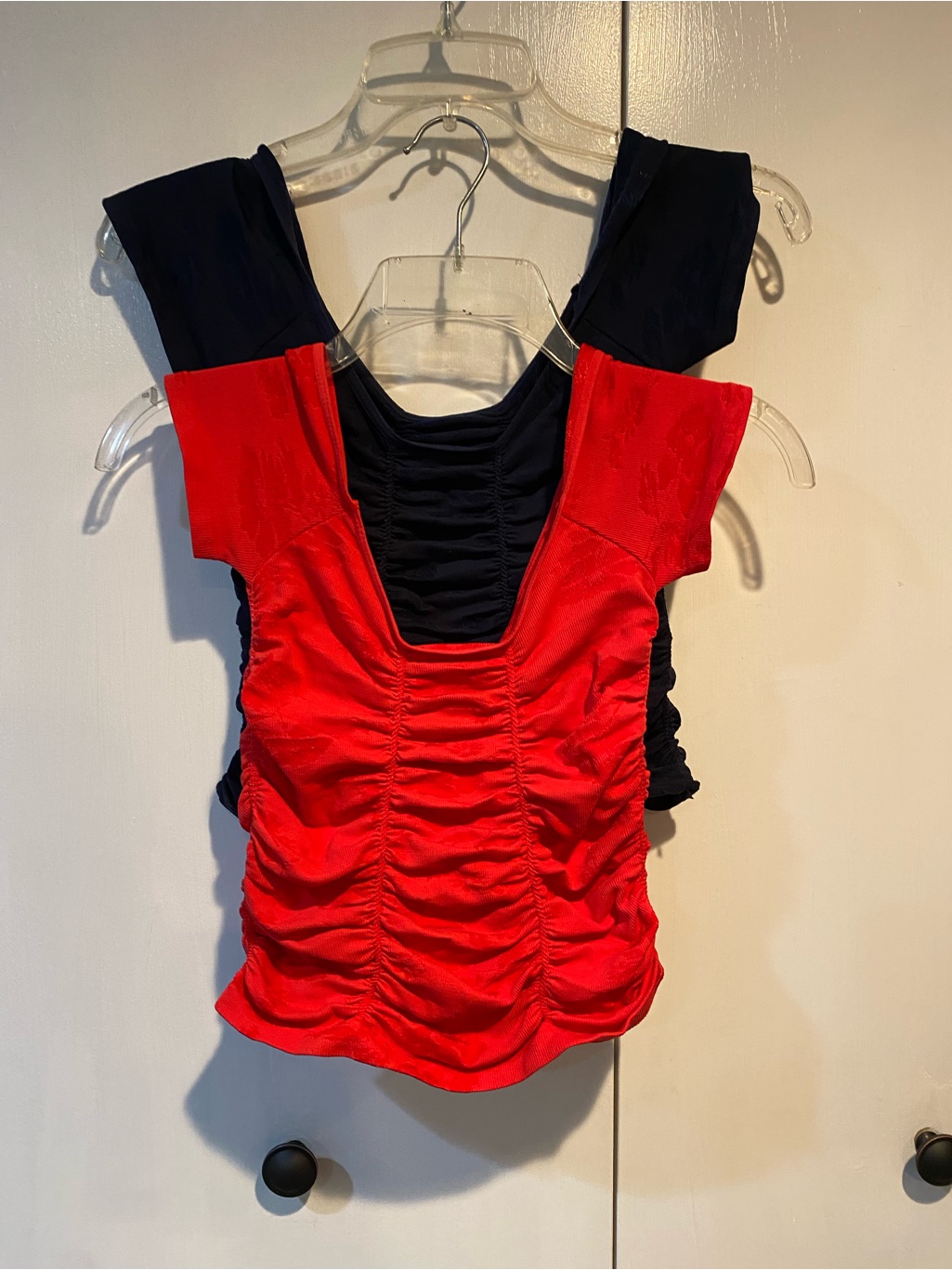 Two Free People Red And Navy Ruched Scoop Neck Short Sleeve Tee